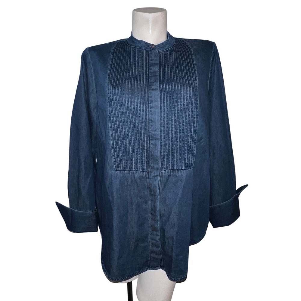 Banana Republic Top Size XL Dark Wash Denim Pleated Tuxedo Bib Shirt Band Collar